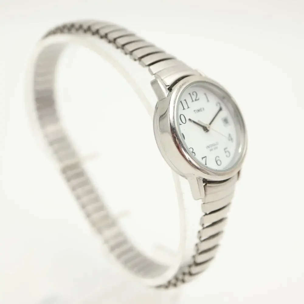 Timex Indiglo Date Silver Tone Women 25mm Watch Metal Stretch Band w New Battery